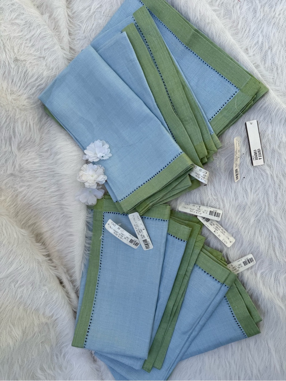 🆕 8 reg $160 Chintz & Company LINEN Light Blue and Green Hemstitch Napkin